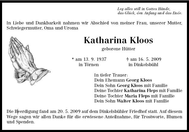 Huetter Katharina 1937-2009 Todesanzeige